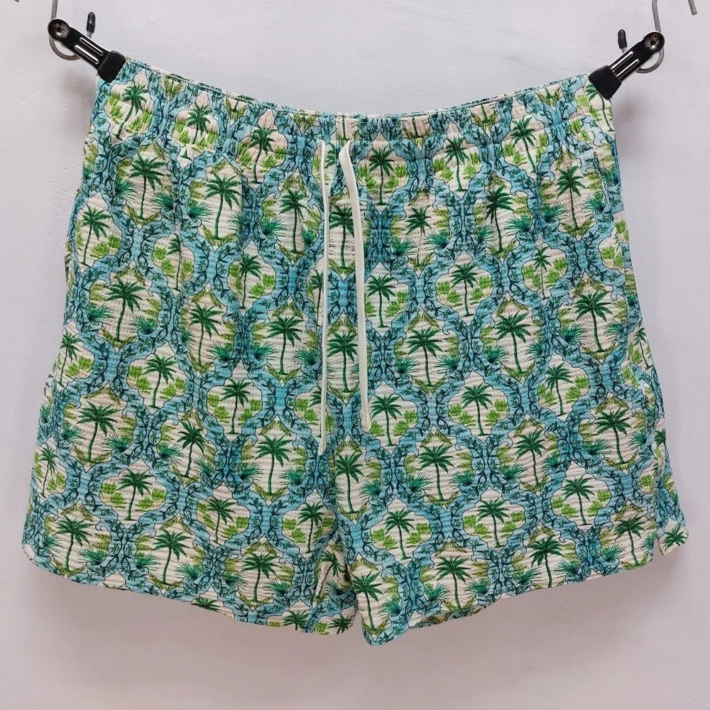 Blackbough Swim Trunks Men's L Blue Palm Tree Seersucker Shorts Tropical